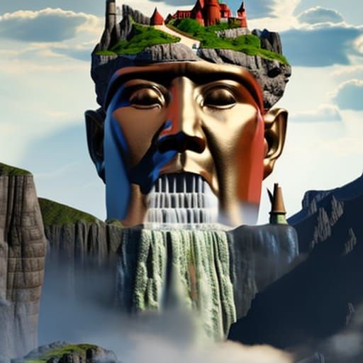 Surreal Head Statue Mountain Landscape in Photorealistic Sty...