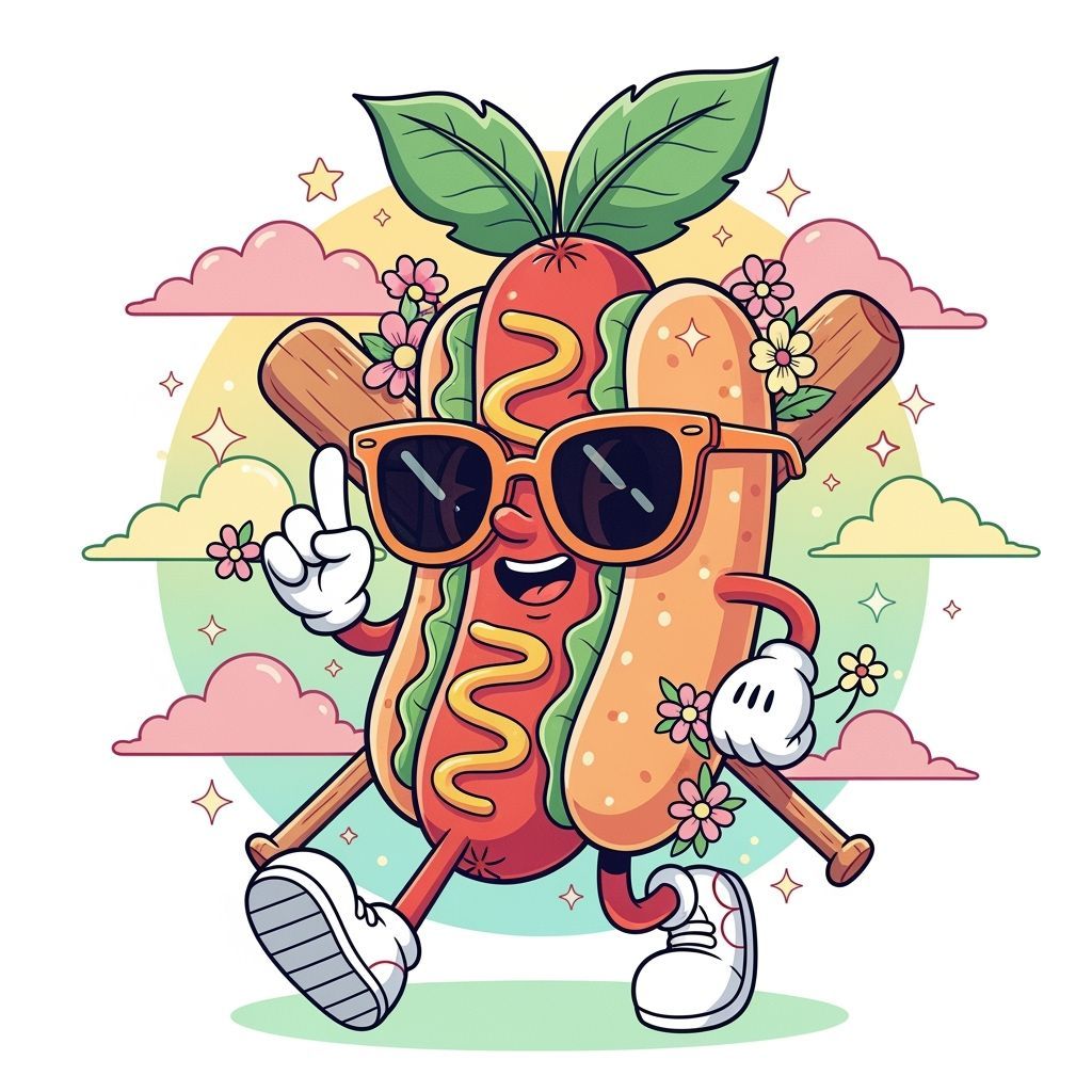 Whimsical Hot Dog Illustration with Sunglasses and Flowers