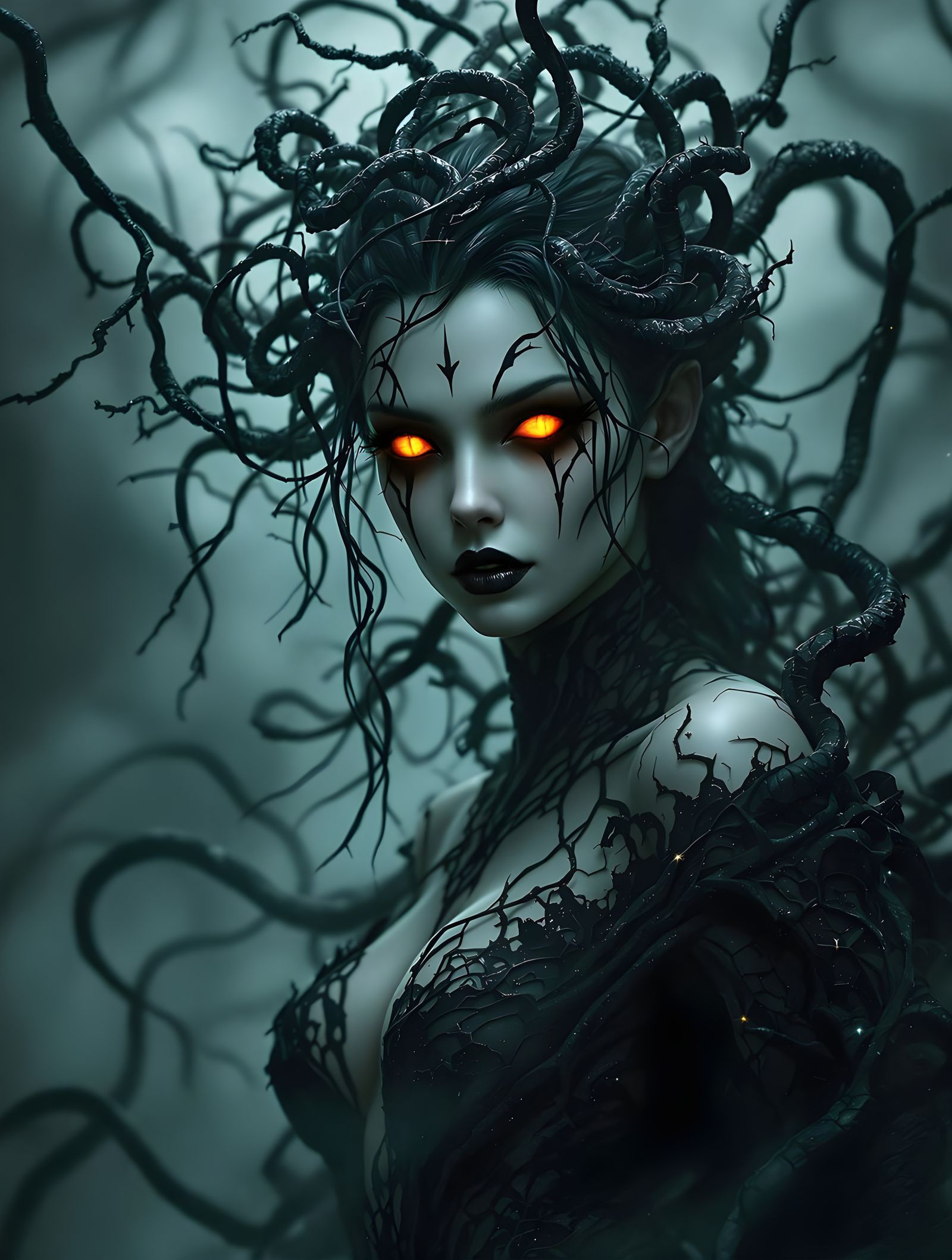Dark Fantasy Woman in Twisting Black Vines