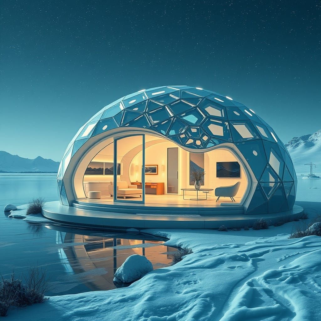 Eco-Futuristic Igloo Mansion Under Cyberpunk Sky
