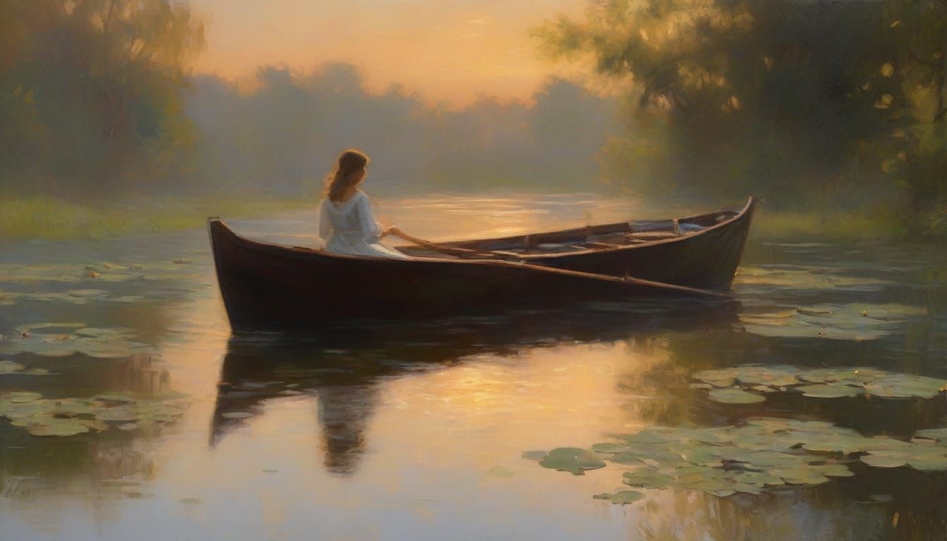 Woman Rowing Boat on Misty Pond: Impressionist Painting