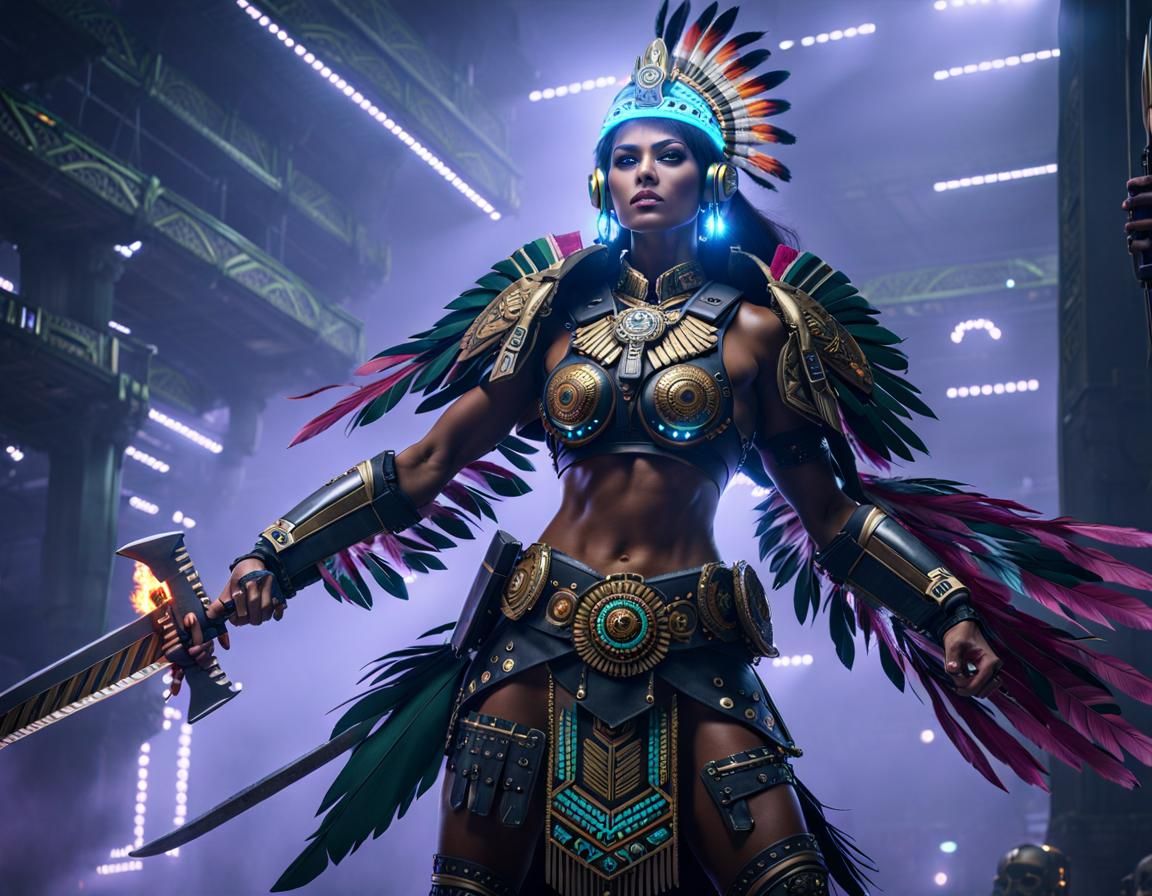 Aztec Warrior Woman with Flaming Sword in Cyberpunk Style