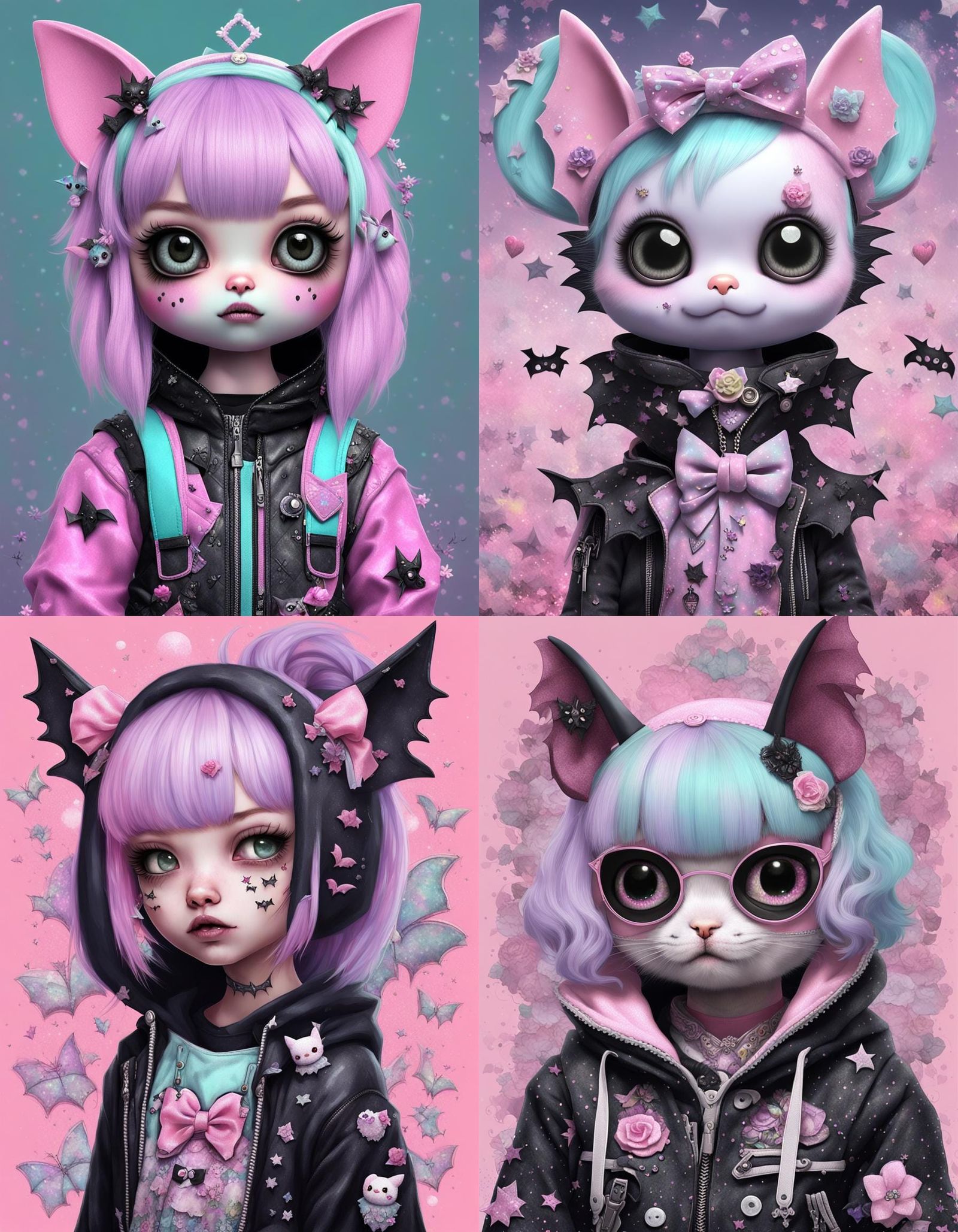 Sanrio Bat in Pastel Goth Clothing, Mixed Media Collage