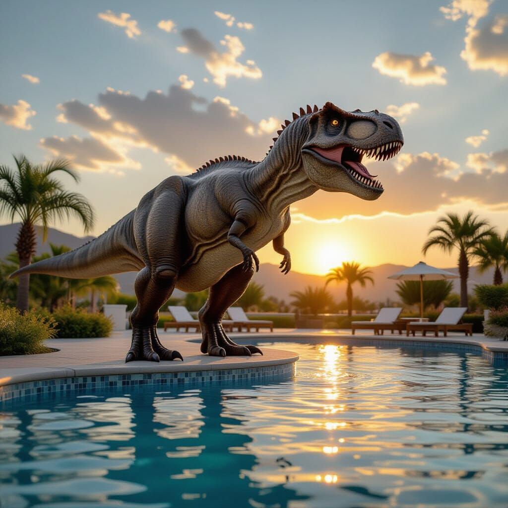 Tyrannosaurus Rex Bathes in Turquoise Pool at Sunset