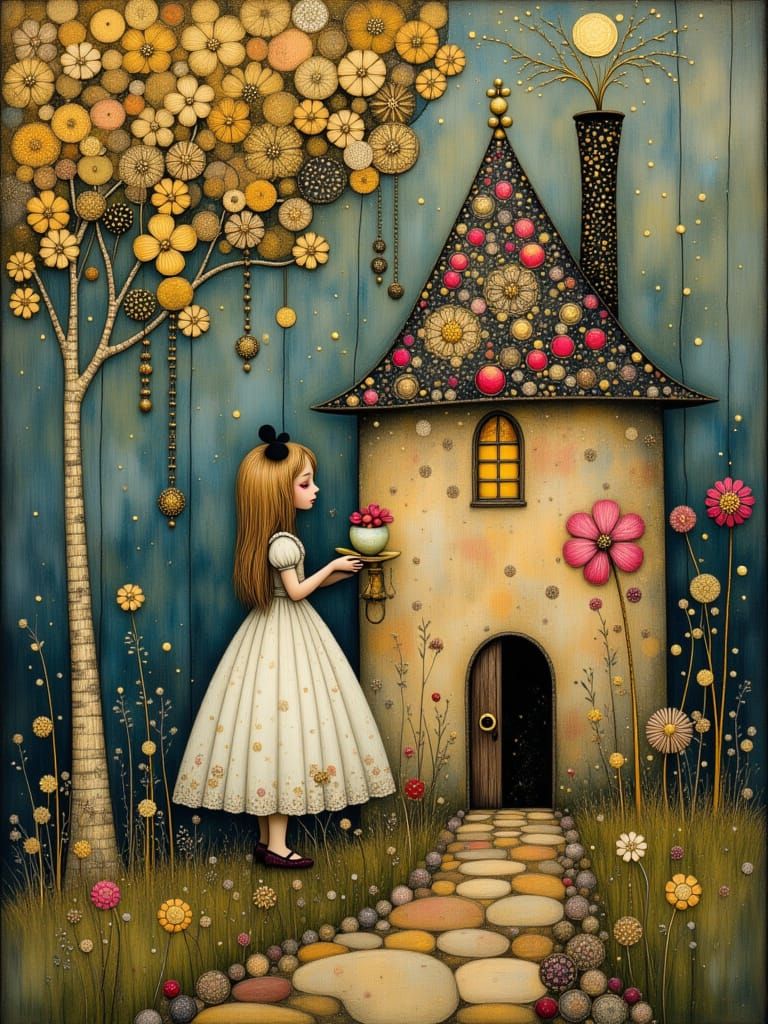 "Magical Alice in Wonderland geisha, standing outside the mad hatters house, bending down open a secret small door"; by ...