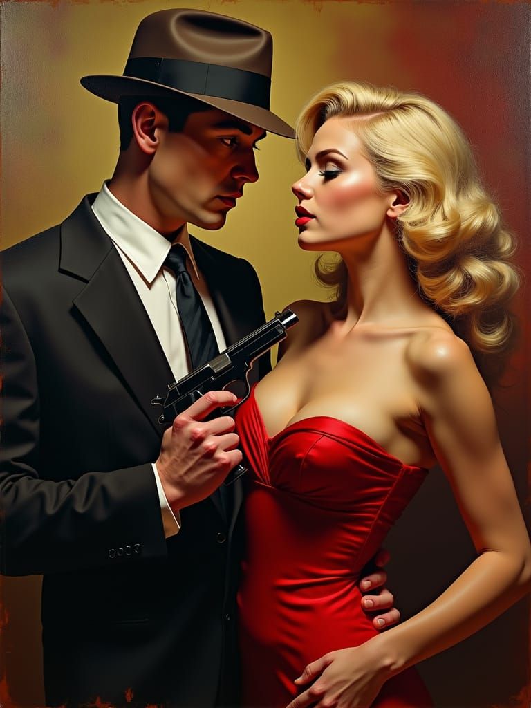 Femme Fatale Flirts with Detective, Pulp Noir Style