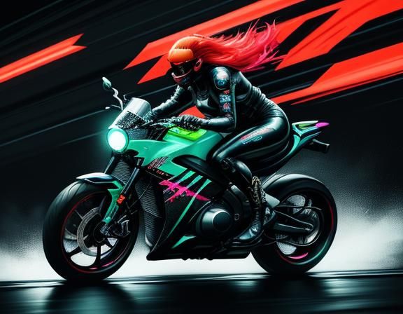 Futuristic Redhead Drifting Motorcycle in Neon Rain