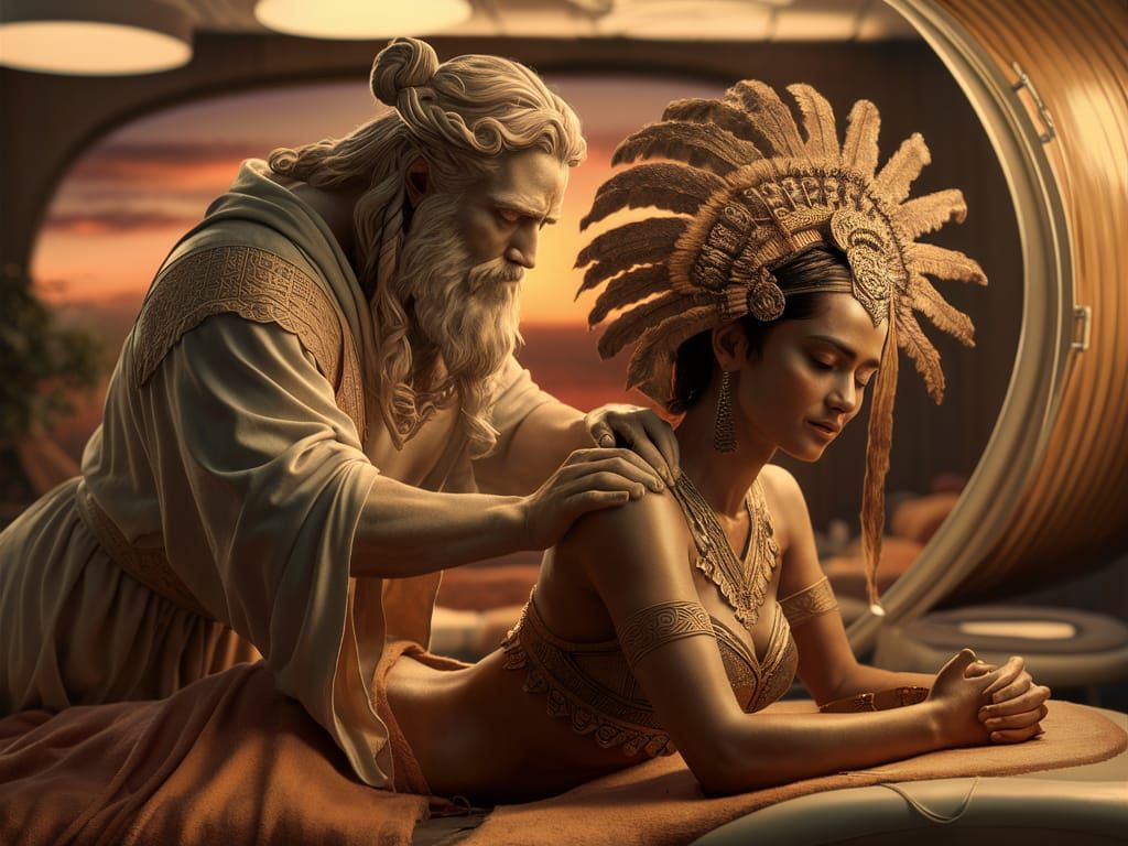 Celtic God Massages Aztec Goddess in Tanning Salon