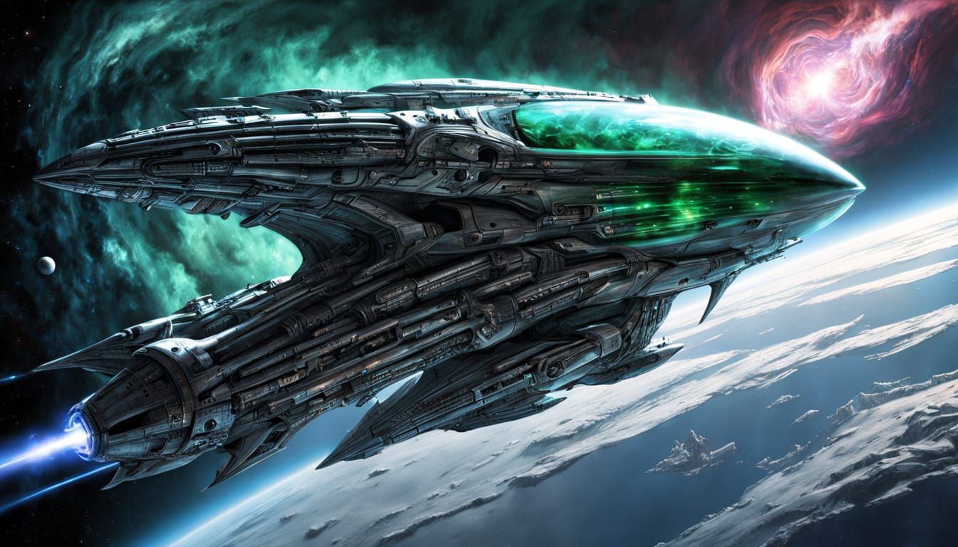 Sleek Emerald Sabre Starship Blasts Off from Vibrant Earth-L...