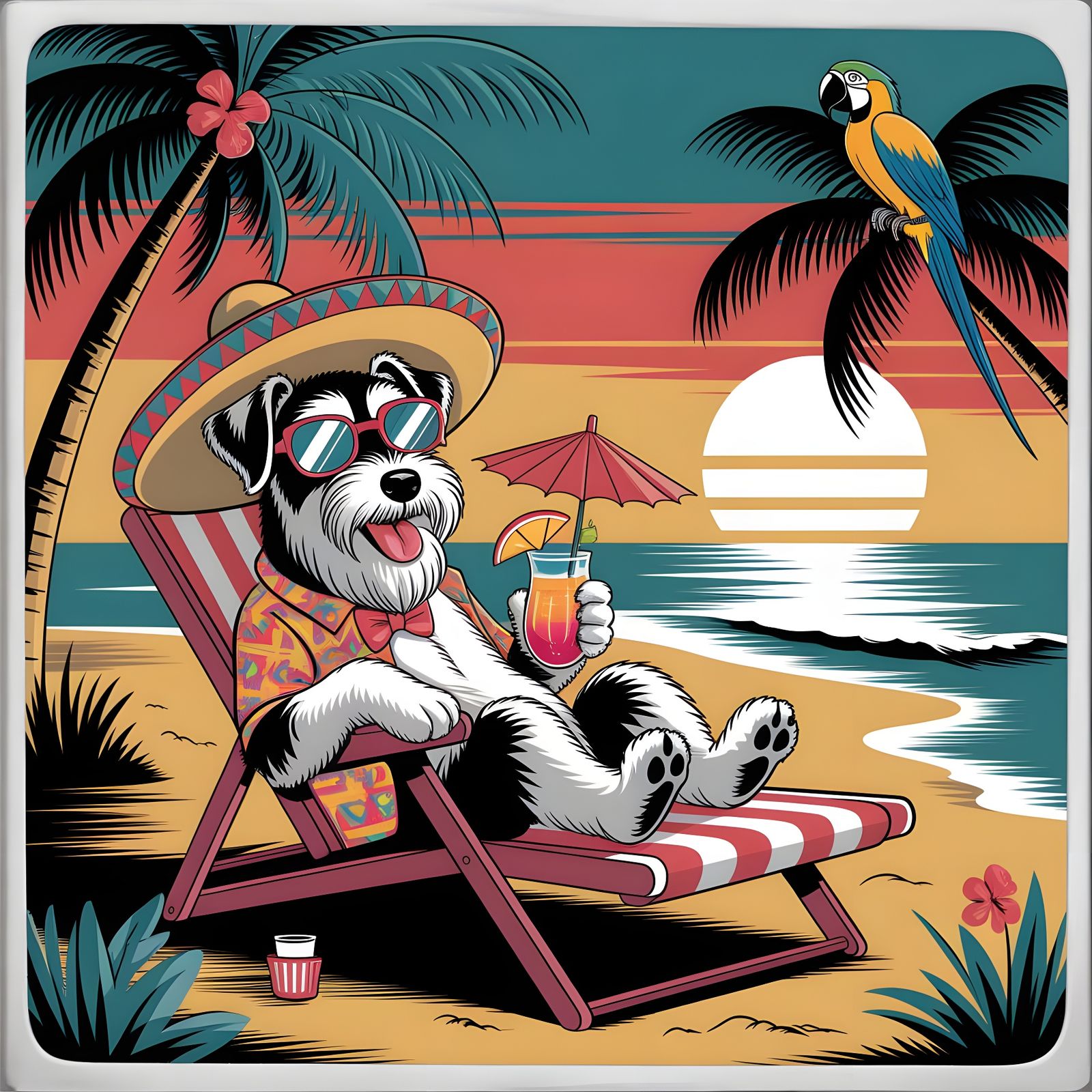 Schnauzer's Tropical Beach Vacation: Vintage Postcard Style