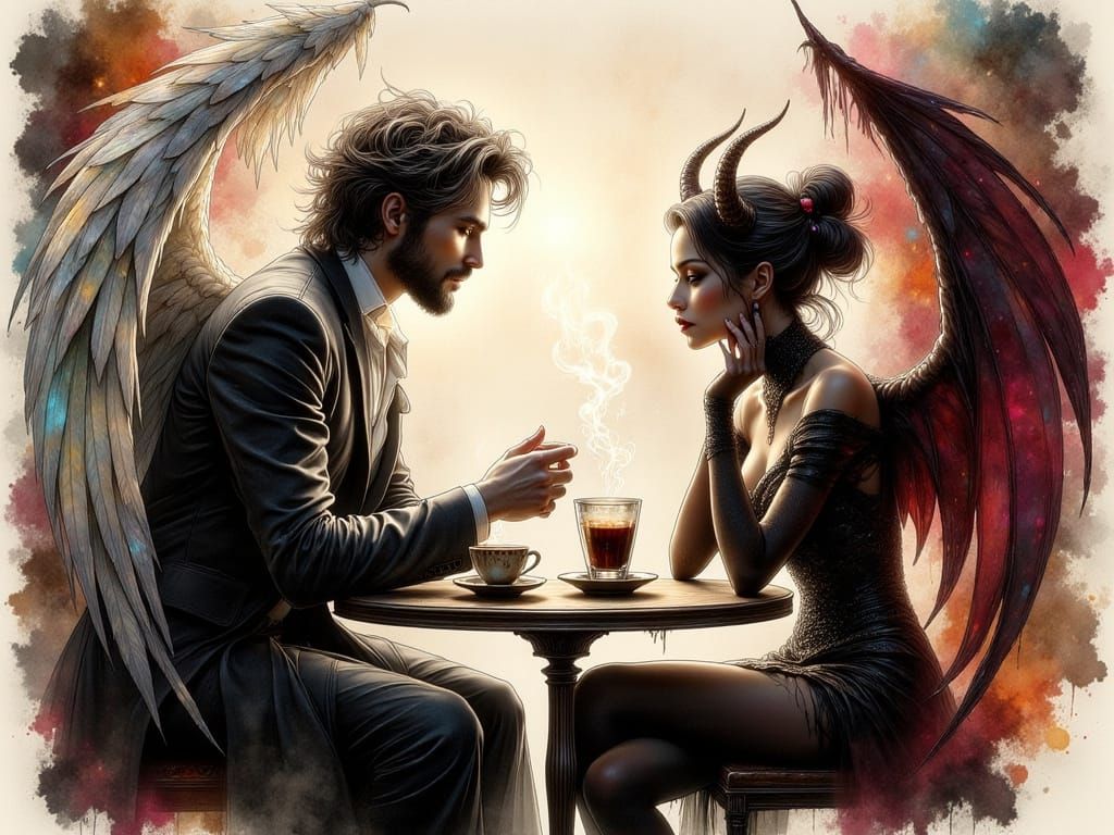 Angel and Demon Meeting in Dramatic Ink Style