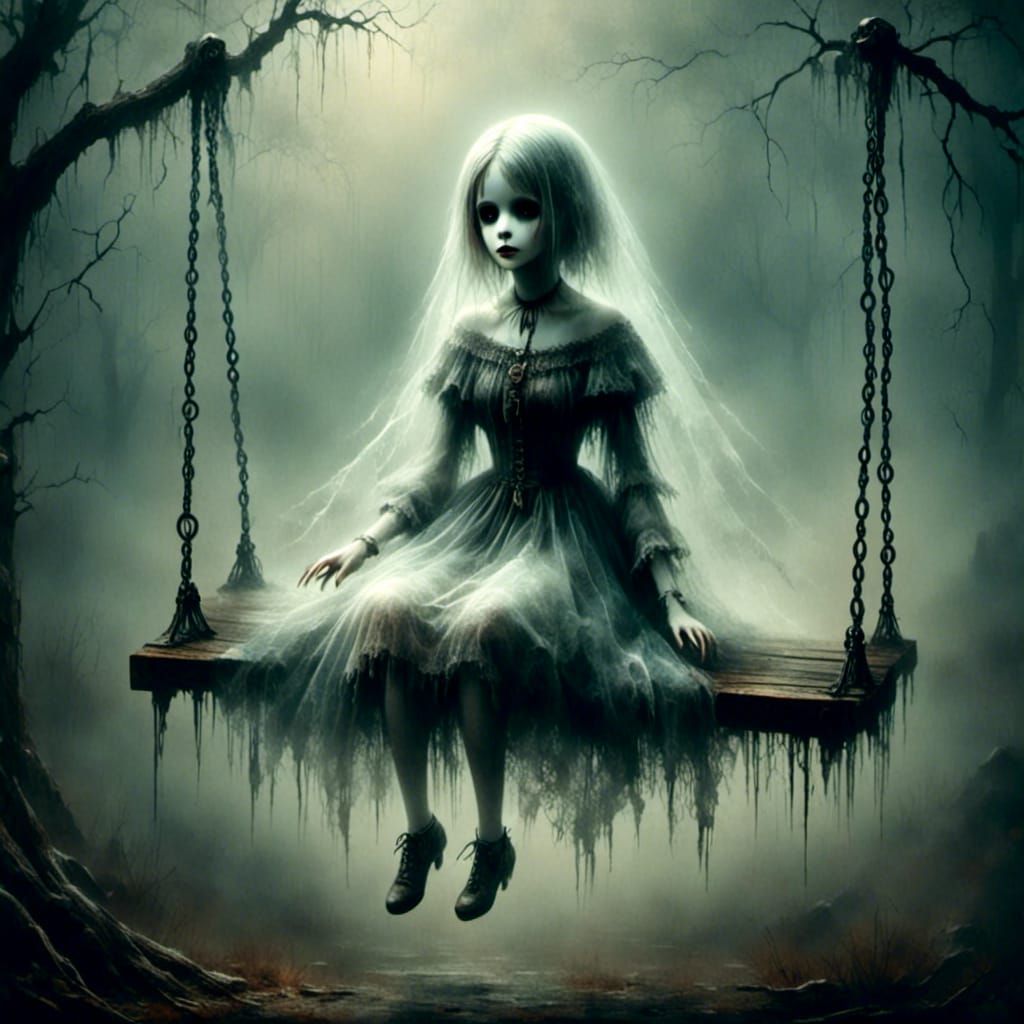 Ghostly Doll on a Swing in Graveyard Mist