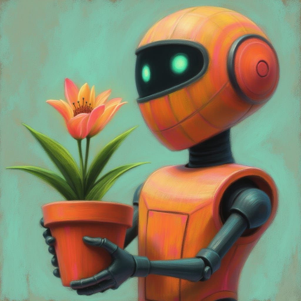 Cute Robot Holding a Flowerpot in Neon Chalk Style