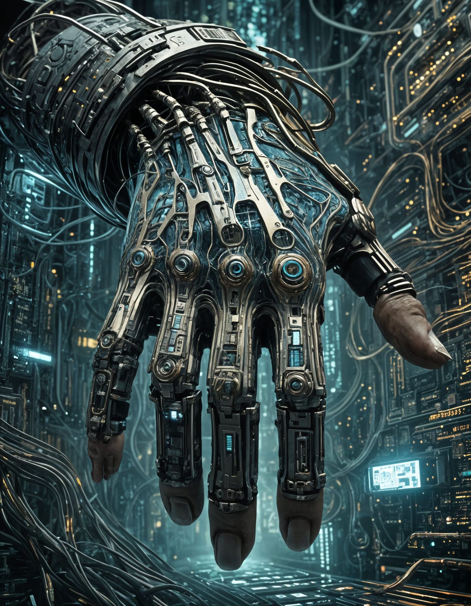 Cyborg Hand with Flowing Data Streams