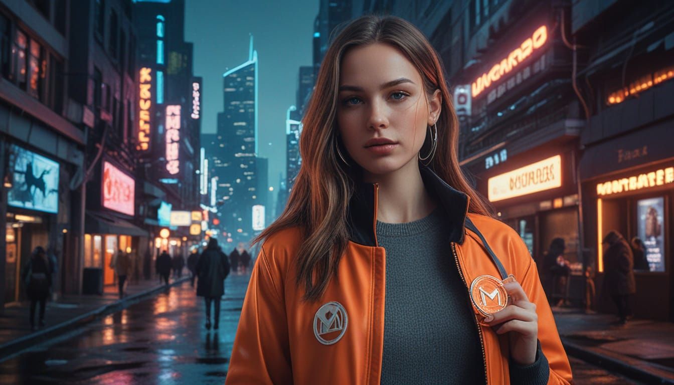 Fashion Model with Monero in Cyberpunk Cityscape