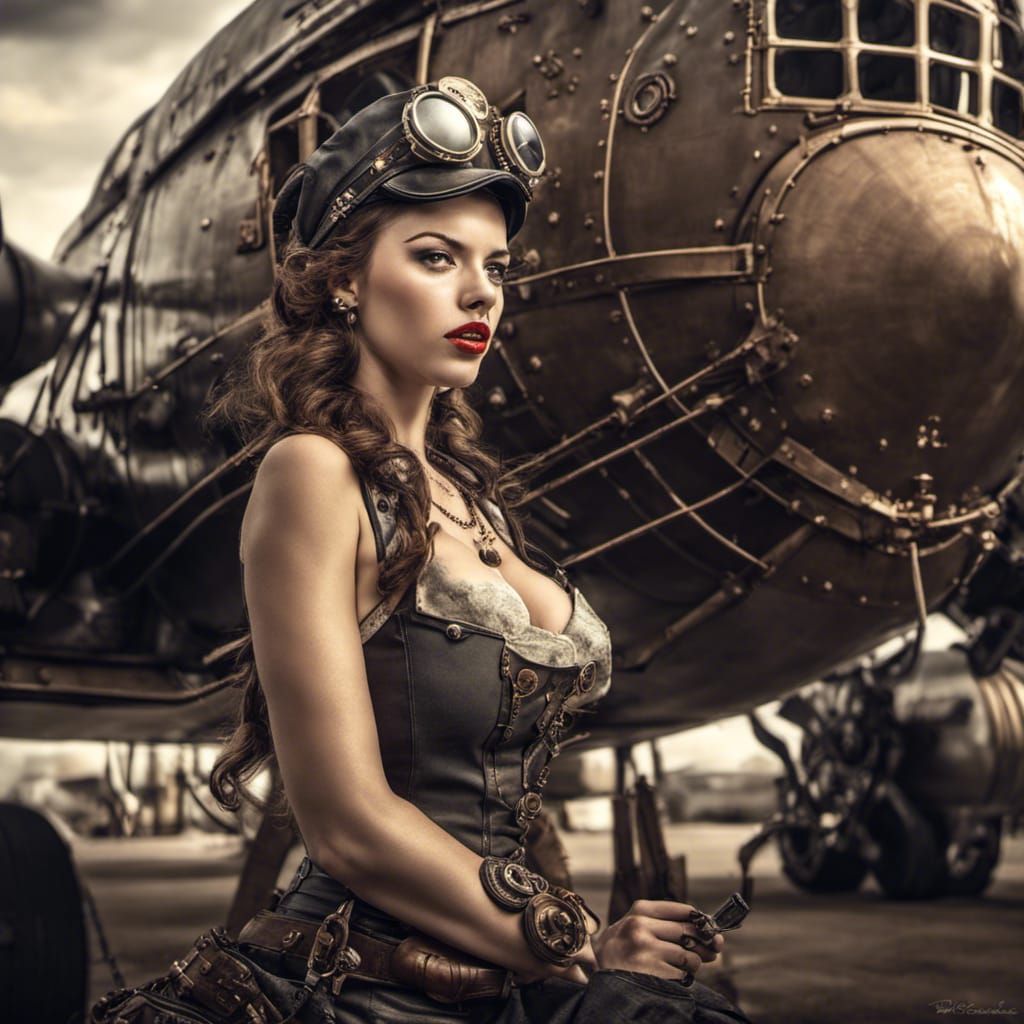 Steampunk Pinup Girl with B-17 Aircraft