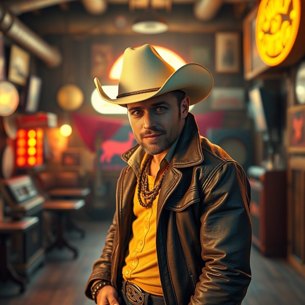 A country music enthusiast, adorned in a worn leather jacket...