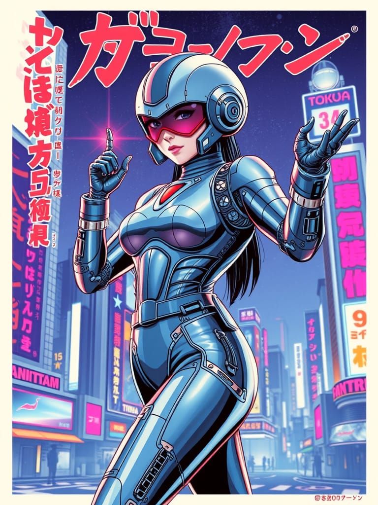 Retro Futuristic Robot Hero in Neon Tokyo
