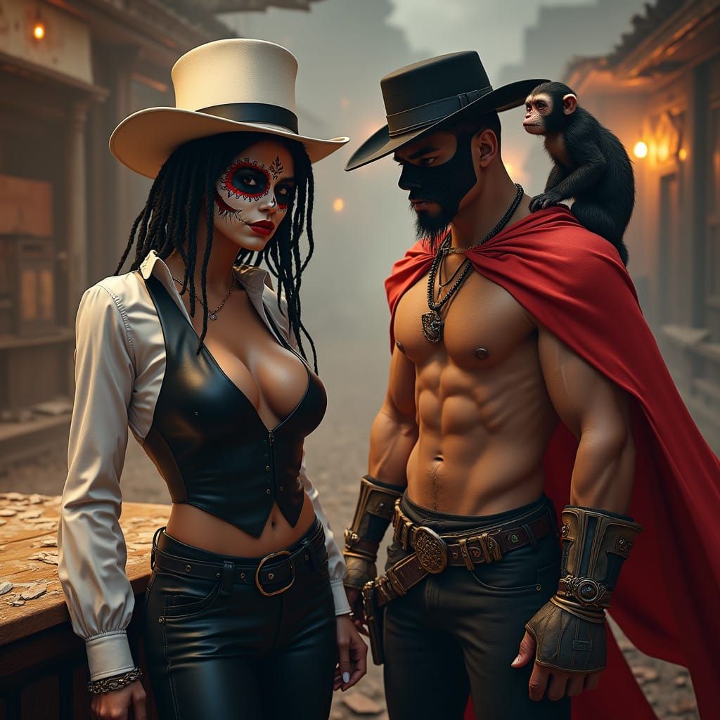 Matte Painting Masterpiece: Muscular Woman Amidst Barroom Ma...