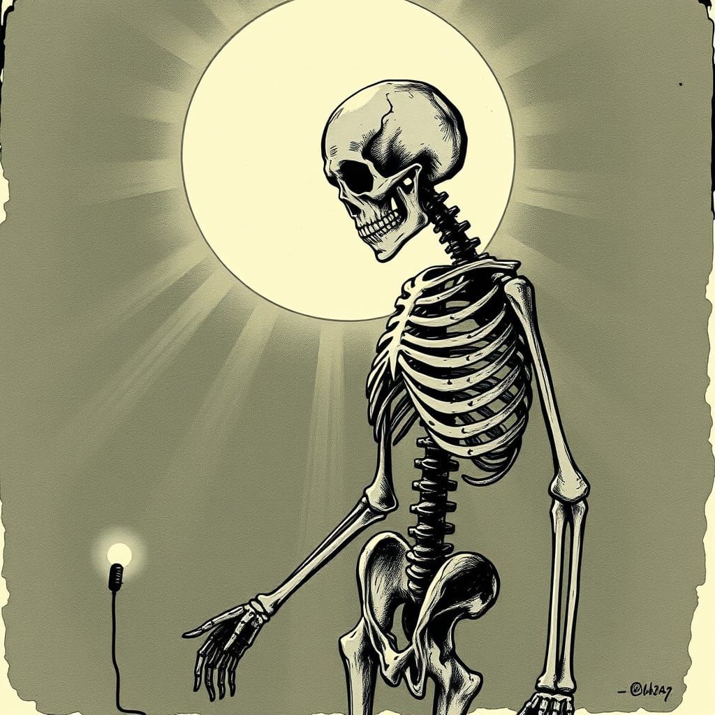 Art Nouveau Skeleton in Sunlight: 1920s Ink Artwork