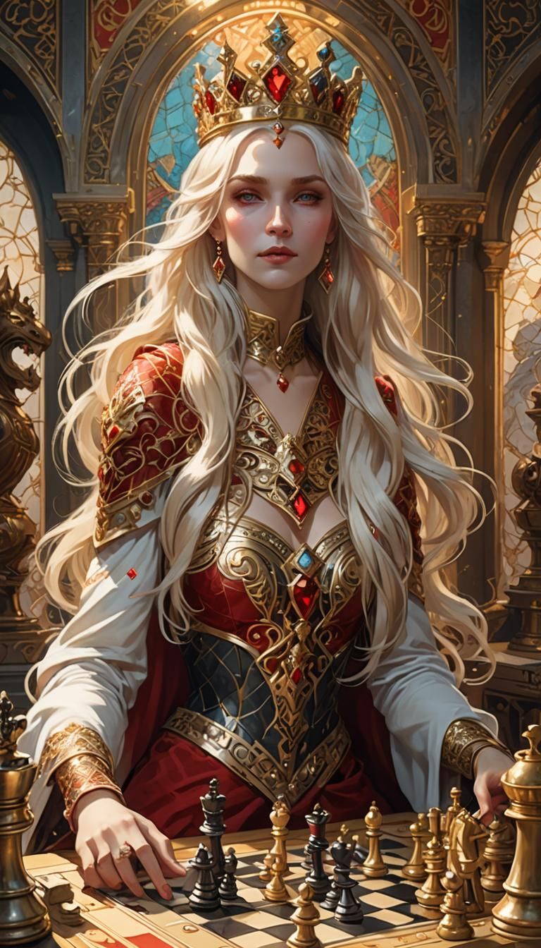 Fantasy Queen Plays Chess: Art Nouveau Portrait
