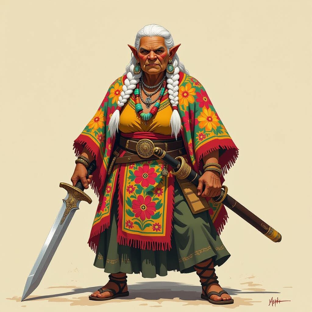 Elderly Orc Warrior with Sword and Chancla, Floral Poncho