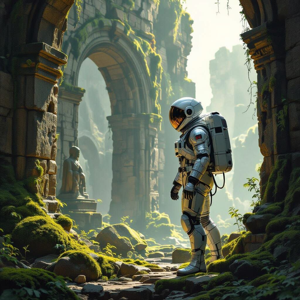 Astronaut Exploring Ancient Medieval Ruins in Digital Painti...
