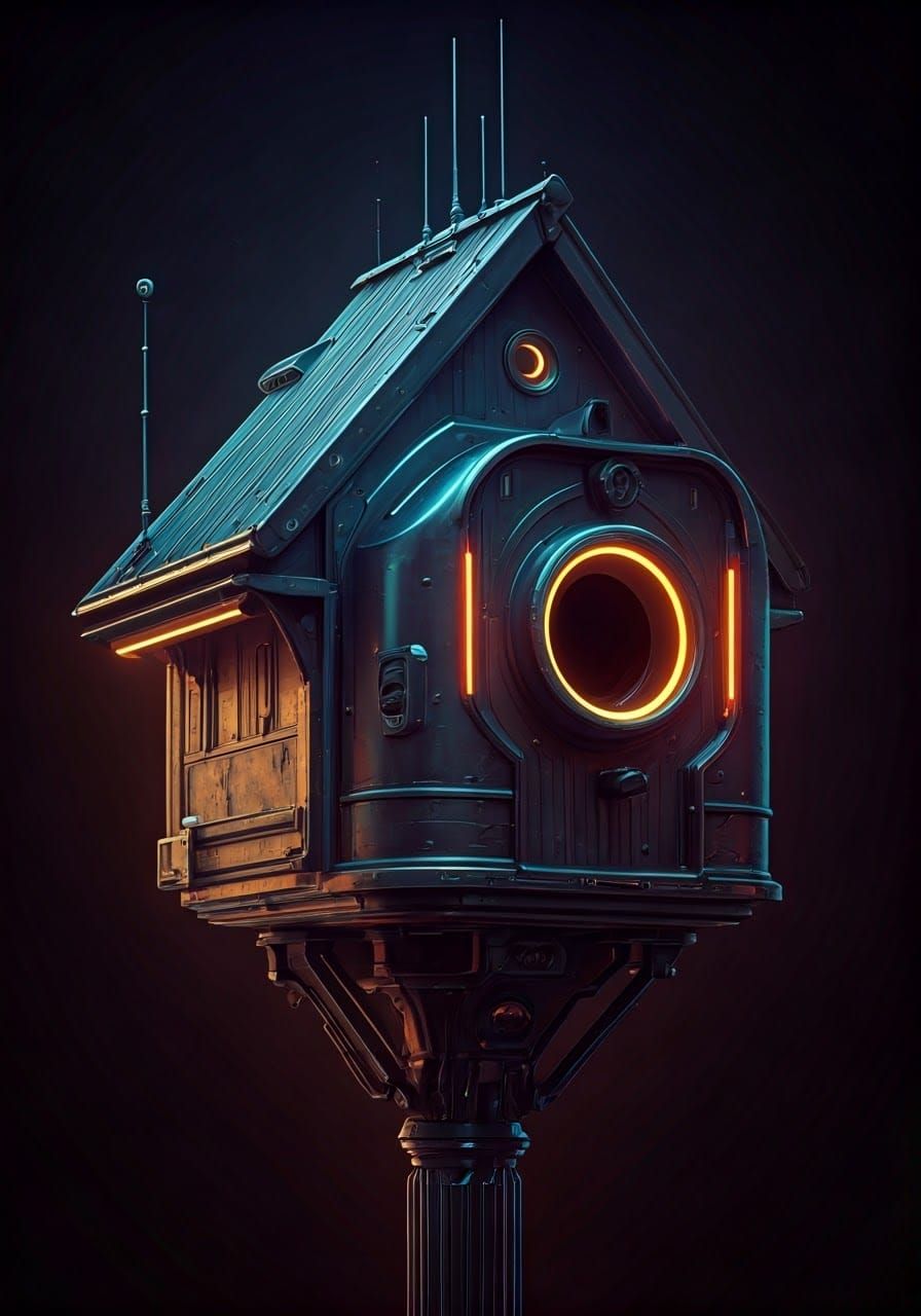 Retrofuturistic Cyberpunk Birdhouse in Neon Lights