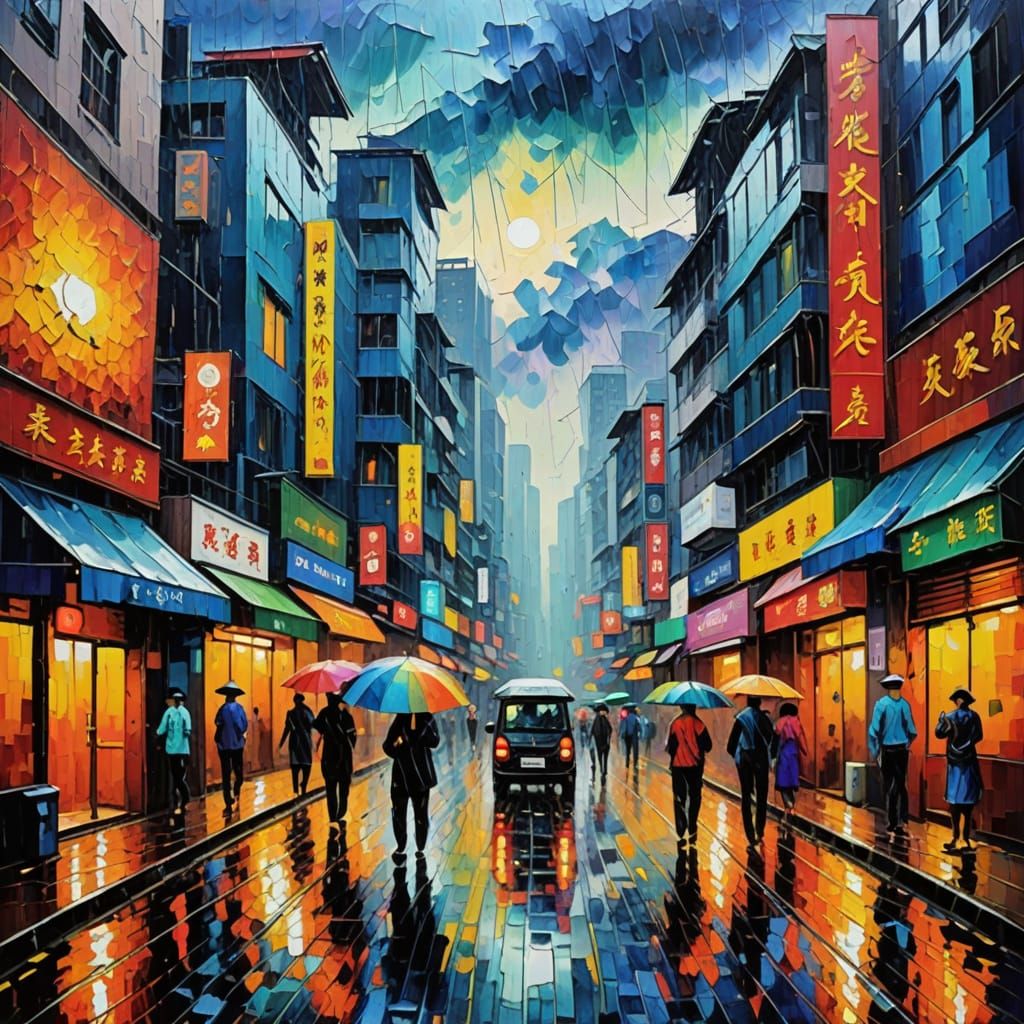 Rainstorm in hongkong neo-impressionism expressionist style ...