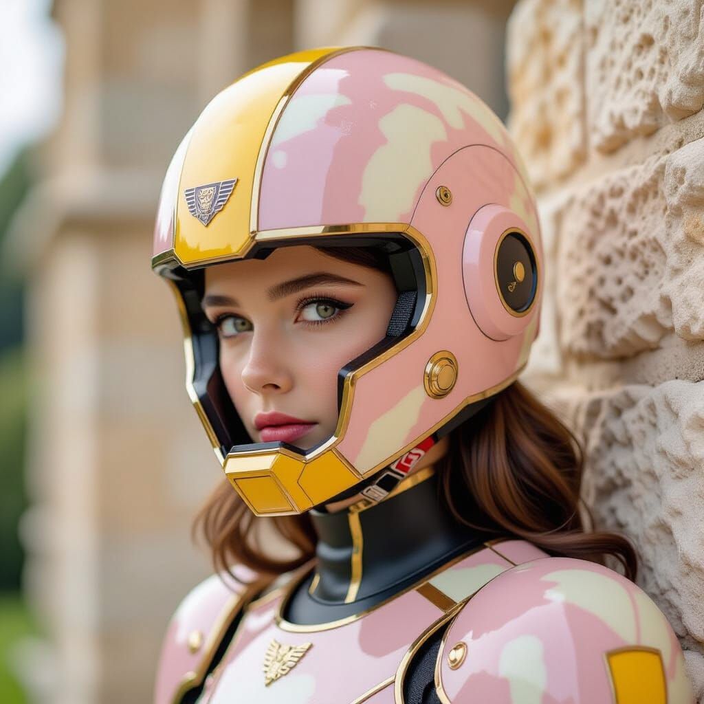 Robotic Brunette Girl with Baroque Marble Helmet