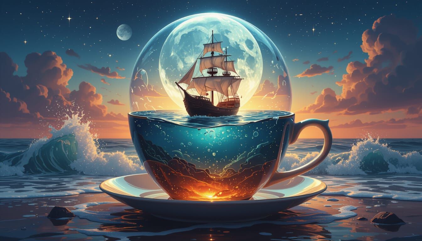 Surreal Teacup World with Ships and Moonlit Sky