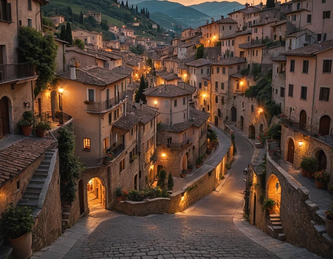 Italian Hill Town Streets at Magic Hour