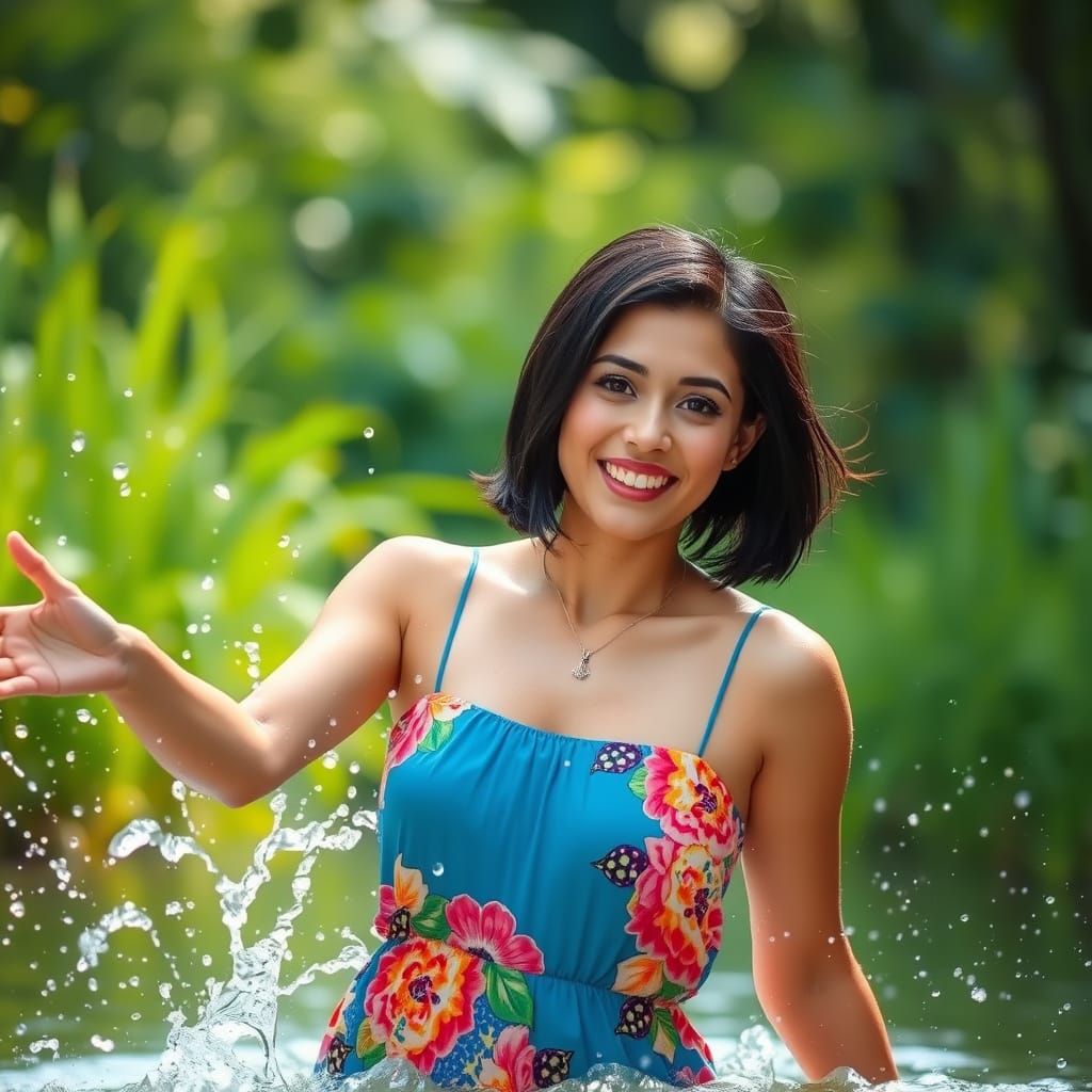 Woman Joyfully Splashing in Water with Bokeh