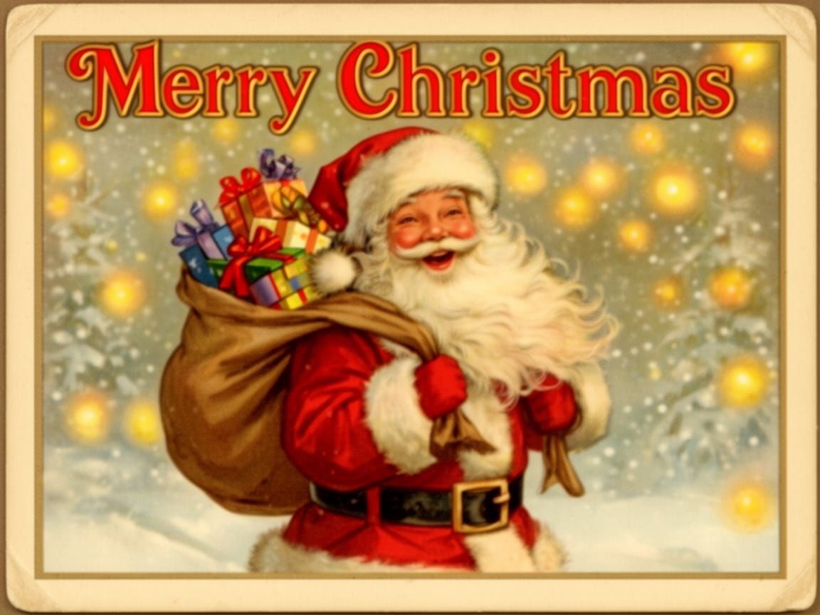 Vintage Santa Claus with Gift Sack and Warm Lights