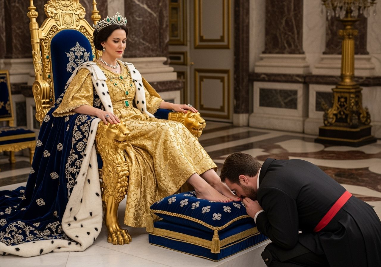 Elegant Empress on Gold Throne: Photorealistic Portrait
