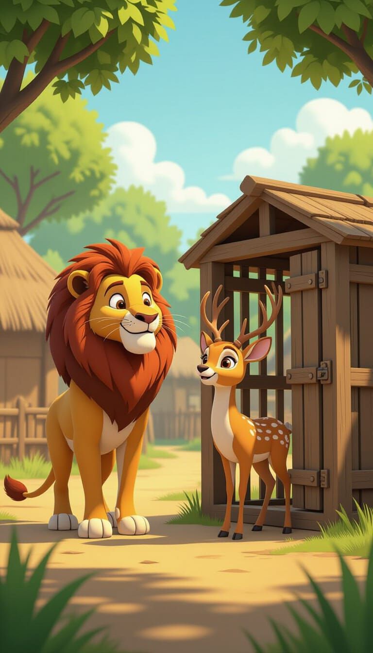 Lion Frees Deer in Village: 3D Cartoon