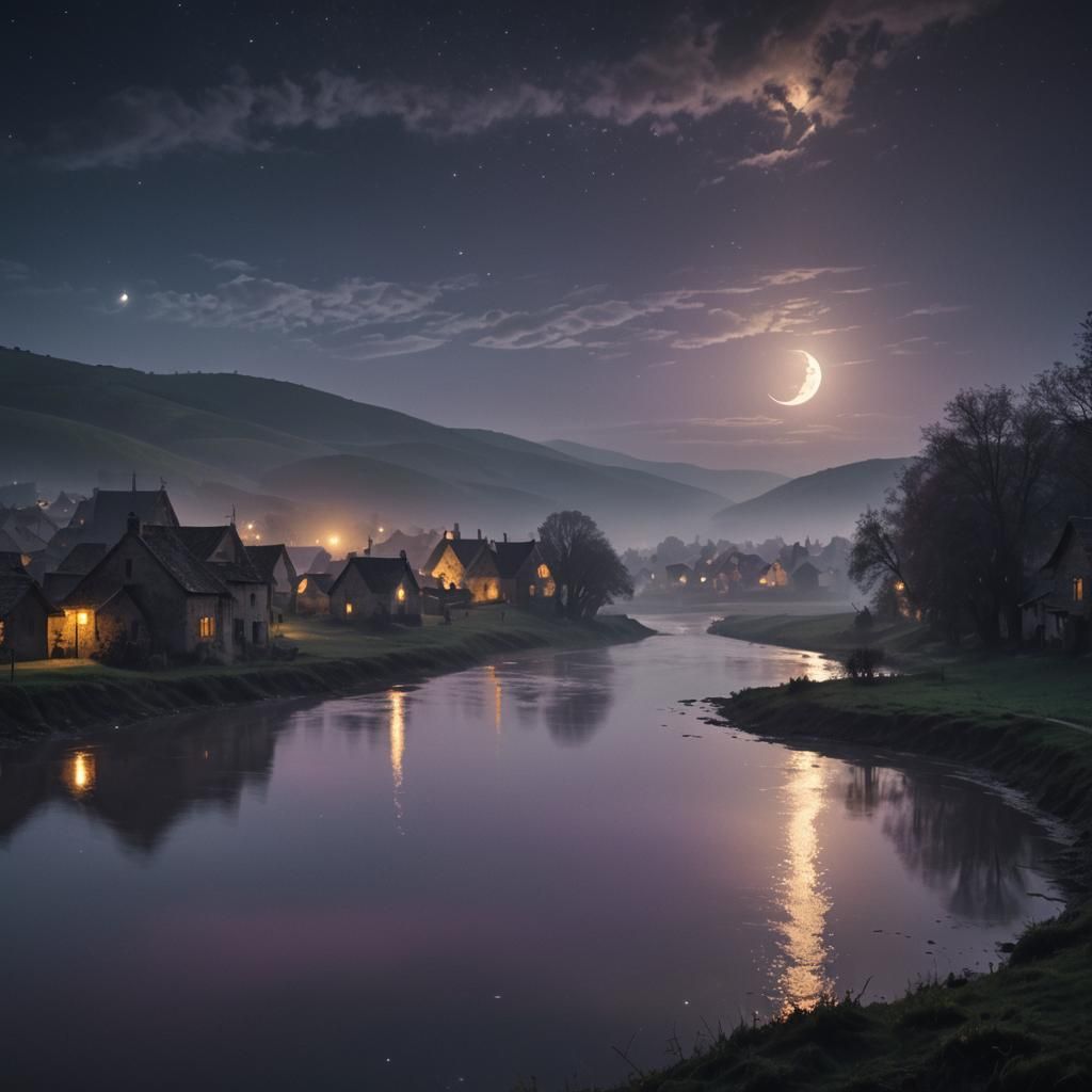Serene Village Nightscape in Romantic Realism Style