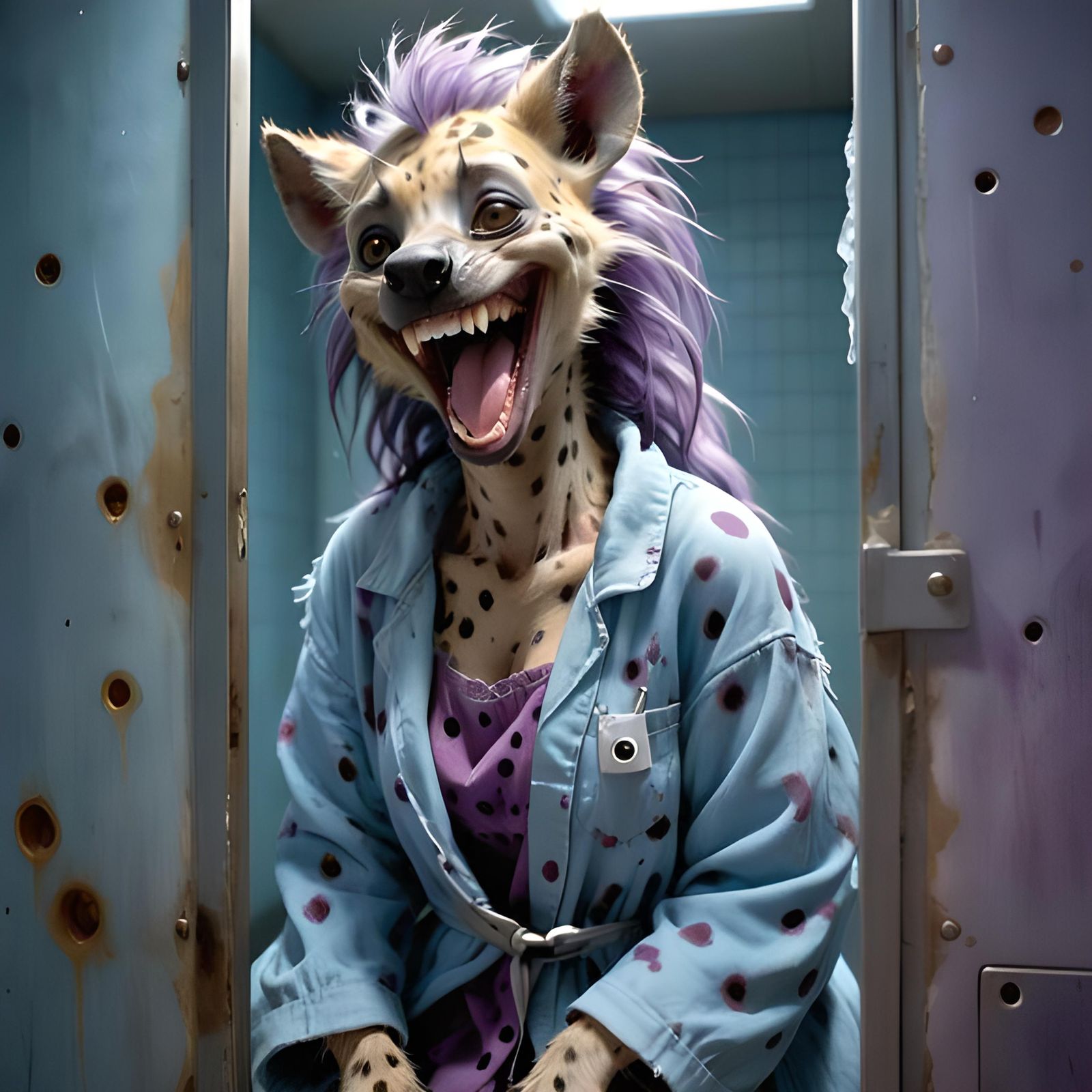 Anthropomorphic Hyena Struggles in Padded Cell