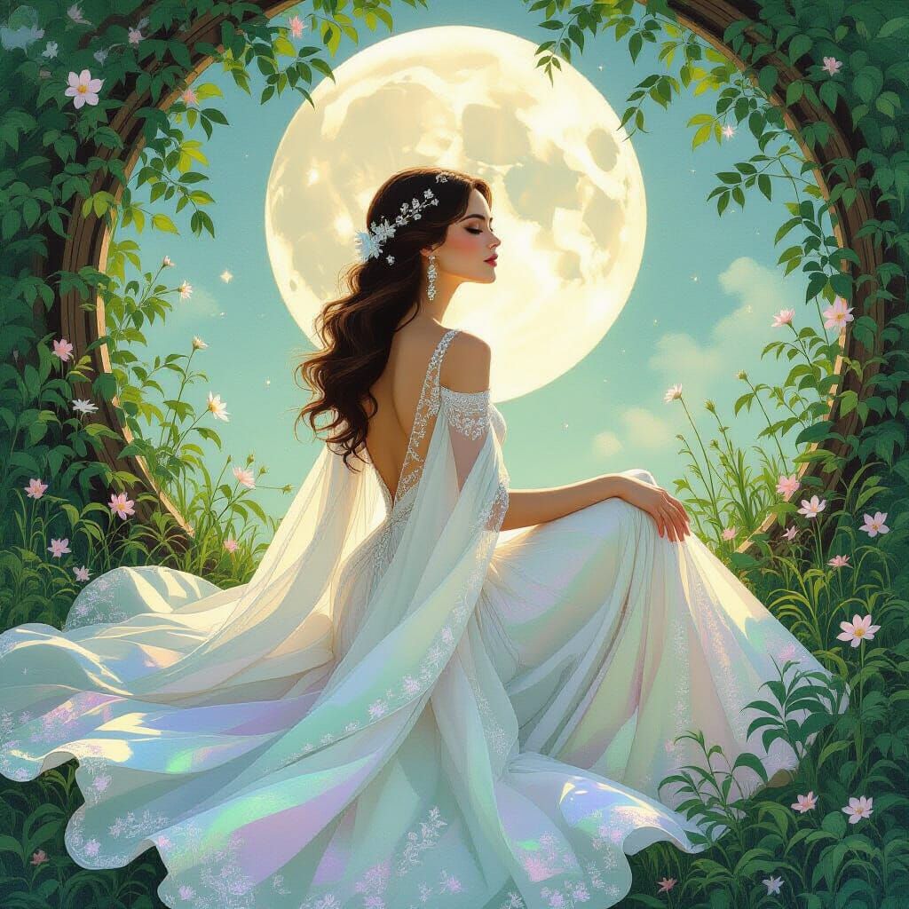 Ethereal Woman in Moonlight Garden, Art Deco Style