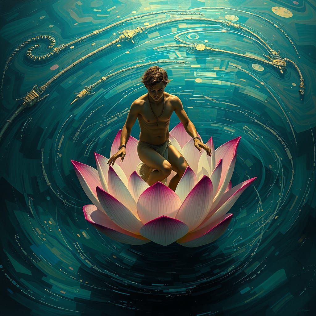 Surreal Emperor Heliogabalus Defies Fate on Lotus Flower