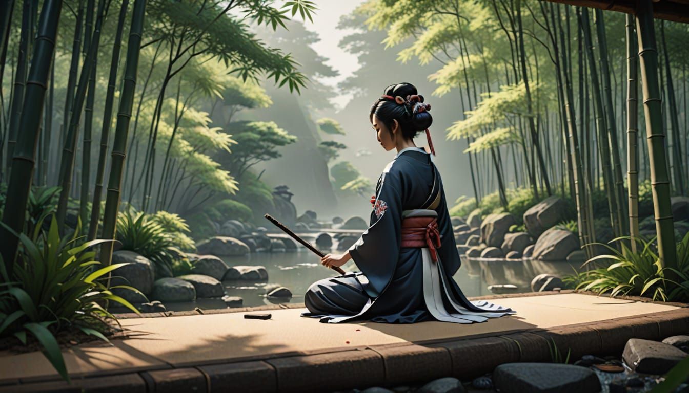 Geisha Practicing Calligraphy in Bamboo Garden as Sumi-e Pai...