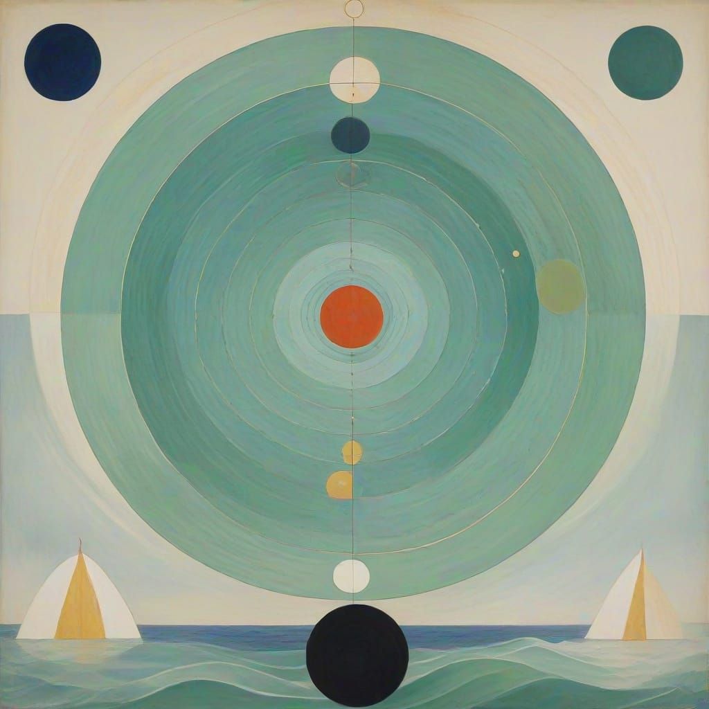 Dreamlike Seascape with Geometric Shapes and Vibrant Colors