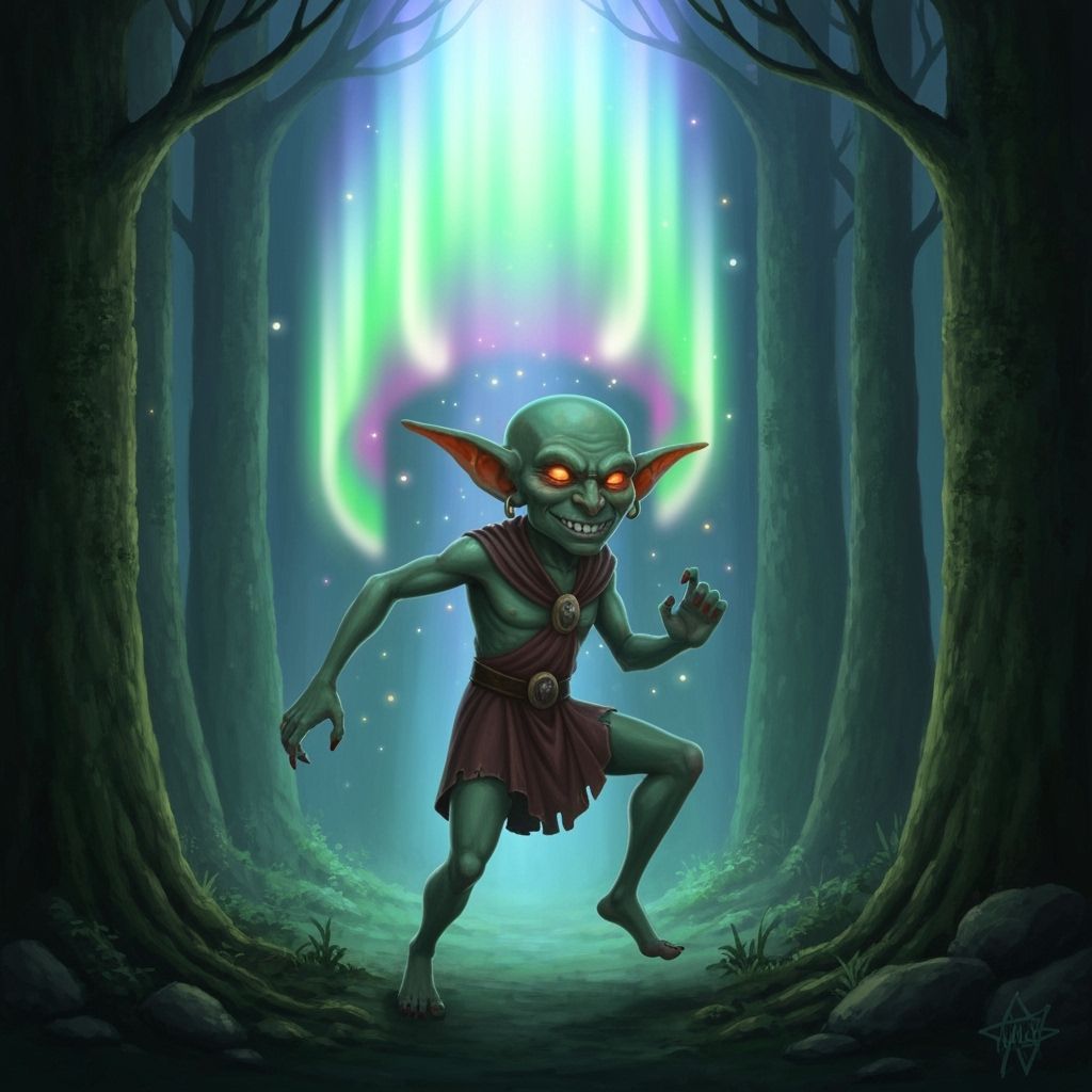 Goblin Dances Under Celestial Aurora in Enchanted Forest