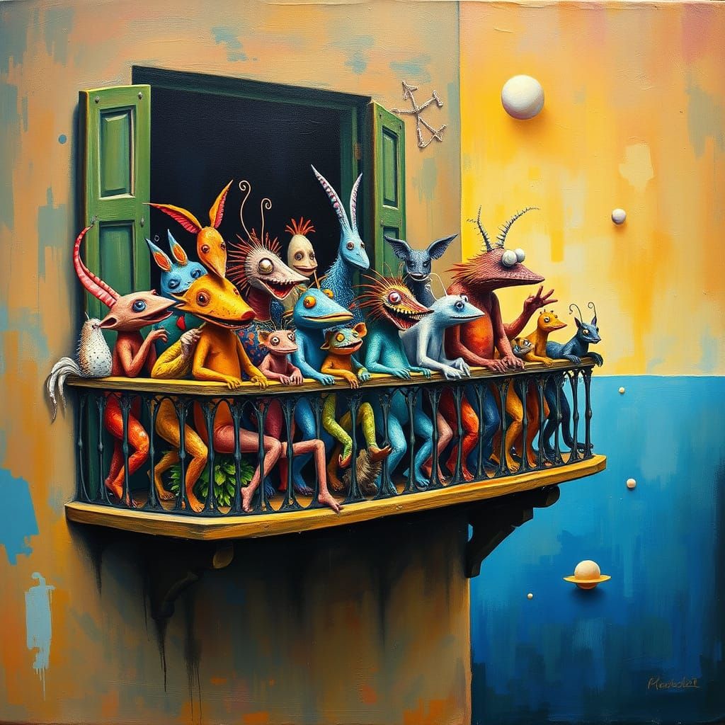 Whimsical Creatures on Balcony in Surreal Style
