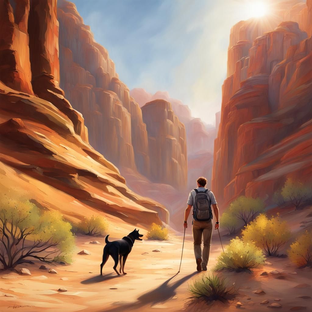 Man and Dog Hiking in Desert Canyon