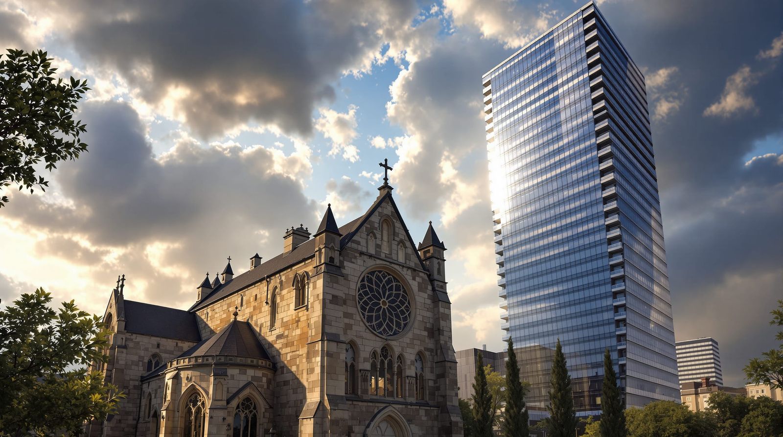 Ancient Church Meets Modern Office Building in Digital Matte...