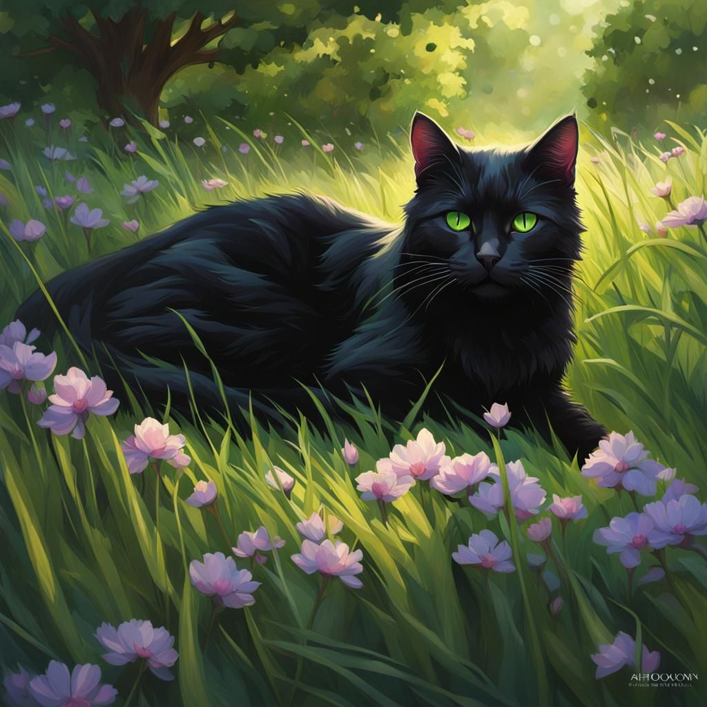 Cute Black Cat Portrait in Lush Green Field