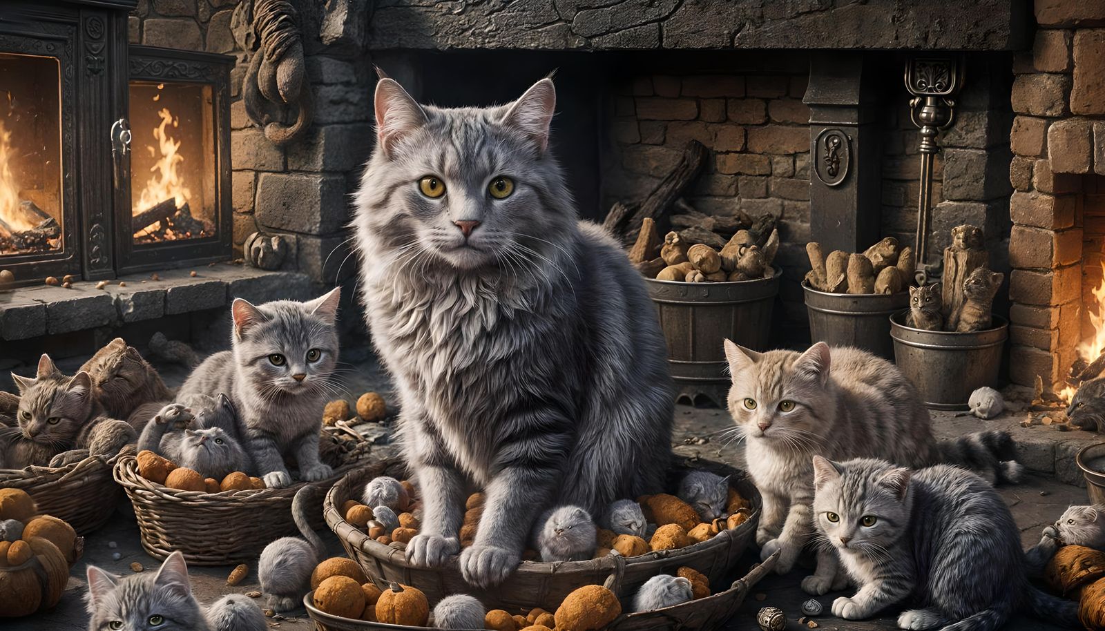 Silver Cat Family by Fireplace: Detailed Digital Painting