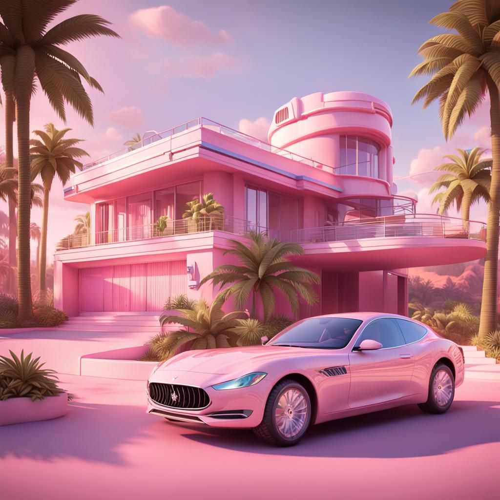 Pink Modern House with Maserati: 3D Digital Art