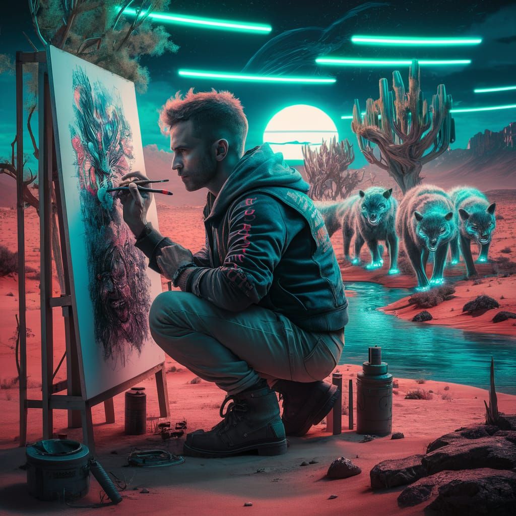 Cyberpunk Artist Painting in a Desert Landscape